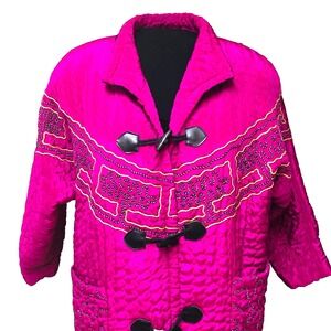 Y2K Womens Quilted Duffel Coat Magenta Pockets Velvet Long‎ Embroidered 1X 2X